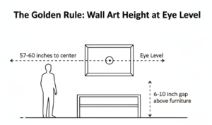 The golden rule wall art height at eye level showing 57-60 inches measurement with human figure for scale reference
