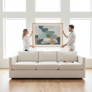Couple hanging large framed artwork above cream sofa demonstrating proper spacing and two-thirds width rule

