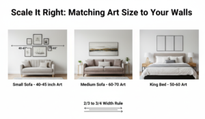 Scale it right matching art size to your walls showing two-thirds to three-quarters width rule for sofas and beds
