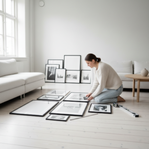 Woman arranging multiple framed artworks on floor planning gallery wall layout before hanging in bright room
