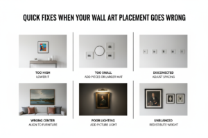 Quick fixes when your wall art placement goes wrong showing solutions for too high too small disconnected and unbalanced artwork
