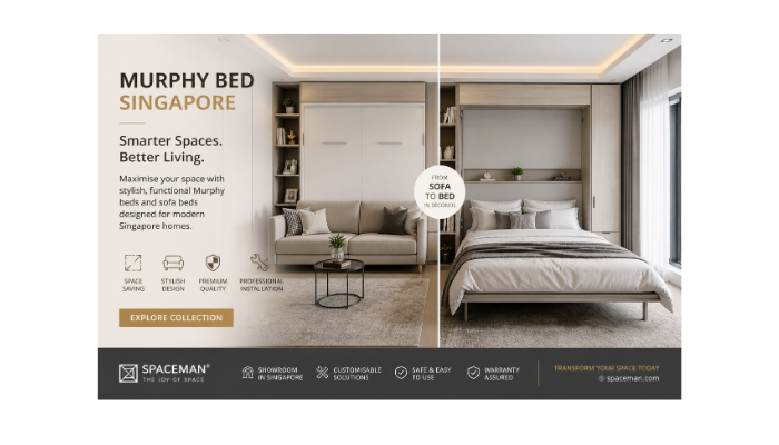 Modern studio interior featuring a Murphy bed, sofa, and stylish decor, promoting space-saving solutions in Singapore.